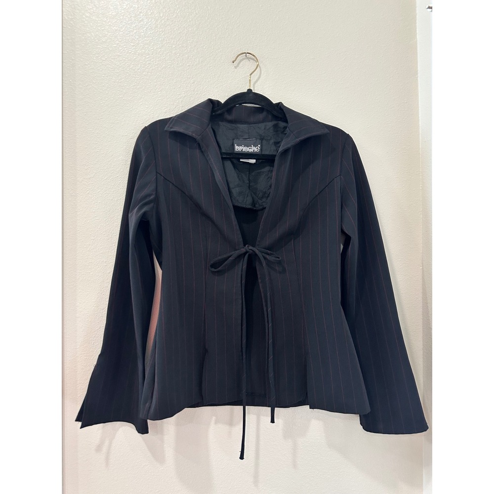 Brioche Vintage Pinstripe Front Tie Bell Sleeve Blazer Black Red Size 5/6